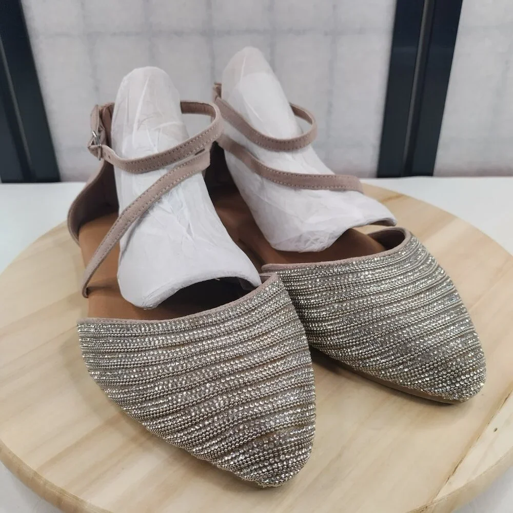 Torrid Rhinestone Bling Pointed Toe Faux Suede Tan Strap Shoes Women US 10.5WW